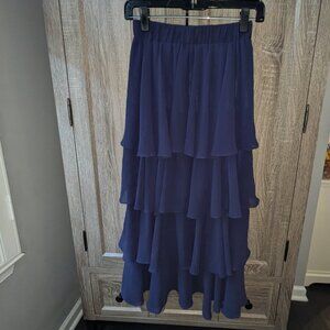 Korean Chiffon Feel Long Maxi Length Full Formal Tiered Pull On Fancy Navy Skirt